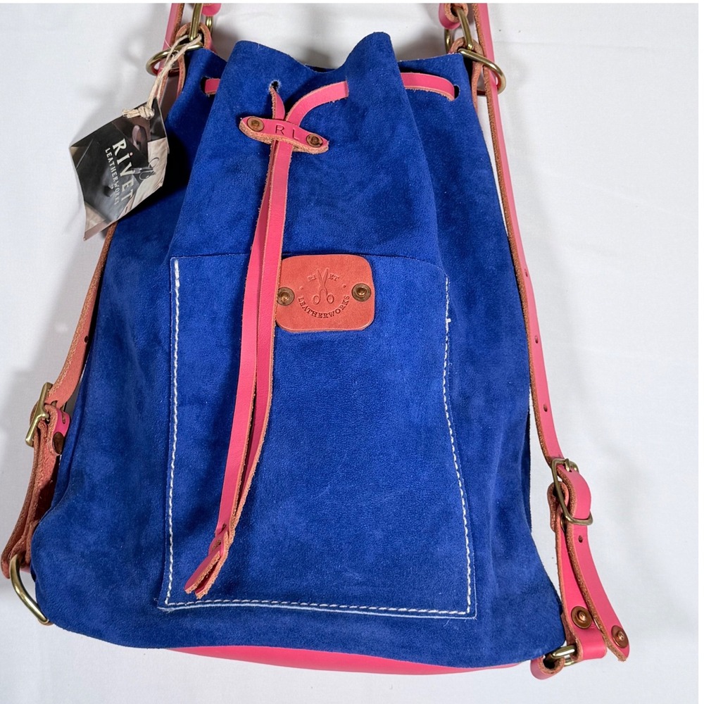 Rivet Leatherworks Drawstring Convertible Backpack Cobalt Blue Pink Suede Boho